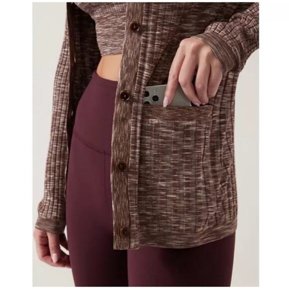 Athleta Revolve Seamless Cardigan Ribbed Knit Stretch Brown Purple XXS NWT - Picture 2 of 14